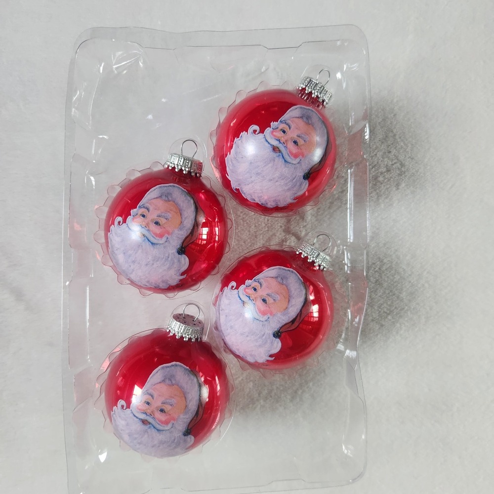 Holiday Time 4 Shiny Red With Santa Ornaments Glass Balls 2.64" Made In USA